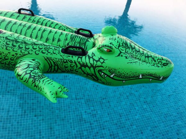 Inflatable toy crocodile in swimming pool Inflatable toy crocodile in swimming pool